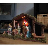 Beleuchtete Weihnachtskrippe mit Figuren Holz mit Moos Batterie