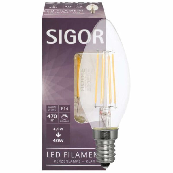 Sigor LED-Fadenlampe Kerze dimmbar E14 4,5W klar 470 lm 2700K L=98, Ø=35