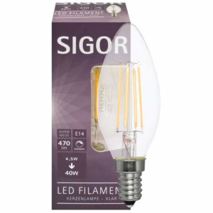 Sigor LED-Fadenlampe Kerze dimmbar E14 4,5W klar 400 lm...