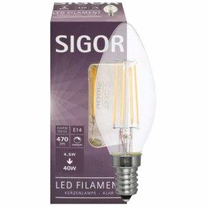 Sigor LED-Fadenlampe Kerze dimmbar E14 4,5W klar 470 lm 2700K L=98, Ø=35