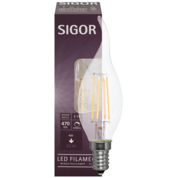Sigor LED-Fadenlampe Windstoßkerze dimmbar E14 4,5W klar 470 lm 2700K