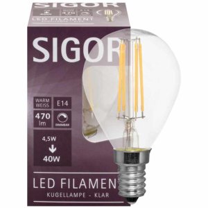 Sigor LED-Tropfen Fadenlampe E14 dimmbar 4,5W klar 470 lm, 2700K