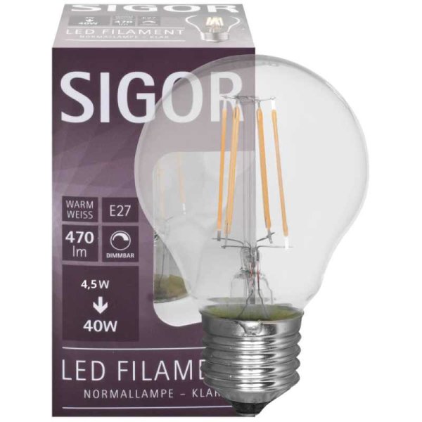 Sigor LED-Glühlampe dimmbar Fadenlampe E27 4W 470 lm 2700K Ø=60mm