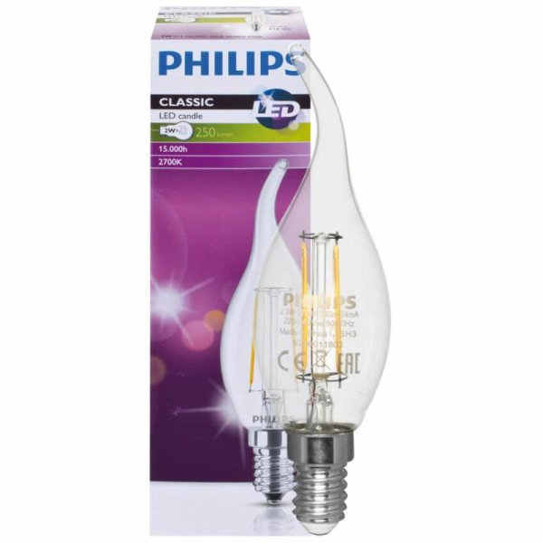 Philips LED Windstoßkerze E14 2W klar 250lm,2700K L=123mm Ø=35mm