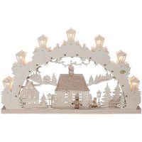Weihnachtsleuchter Motiv Winterstadt beleuchtet 7 x E10 3W Holz natur