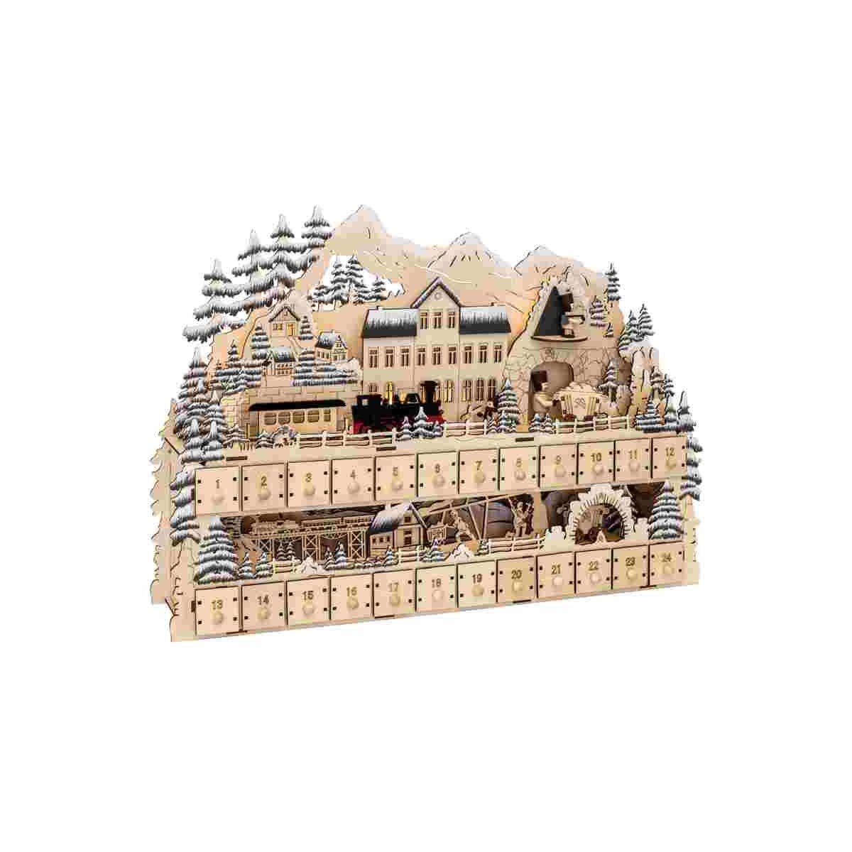 LED Adventskalender Bahnhof mit Bergwerk Holz